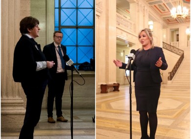 DUP leader Arlene Foster and Sinn Féin leader in the North Michelle O'Neill speak to the media in Stormont.