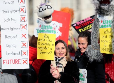 Teachers from Little Learners in Dublin attend a demonstration as childcare workers take part in a protest in Dublin's city centre over low wages and to highlight the childcare crisis, 5 February.