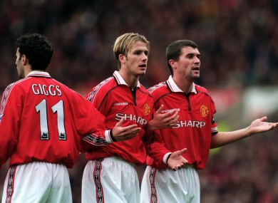 Ryan Giggs, David Beckham, and Roy Keane in a Premiership game against Wimbledon in 1998.