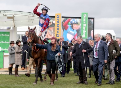 Aidan Coleman on board Paisley Park celebrating last year's Stayers' Hurdle success.