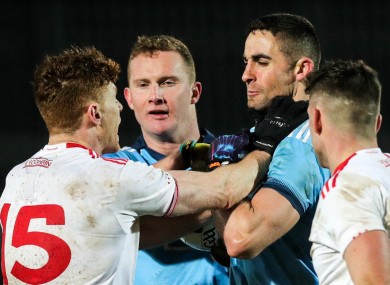 Conor Meyler (Tyrone) and James McCarthy clash in Omagh.