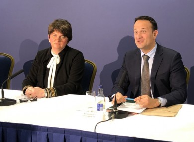 Arlene Foster and Leo Varadkar at a meeting to discuss the coronavirus crisis last month.