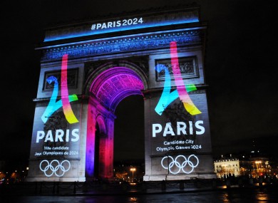 The logo for Paris as a candidate for the 2024 Olympics Games is projected onto the Arc de Triomphe in Paris in 2016.