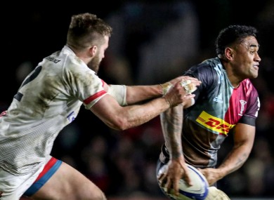 Francis Saili (right) in action against Ulster's Stuart McCloskey in the Champions Cup.