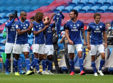 Cardiff City's Junior Hoilett celebrates his opening goal against Leeds United by paying tribute to former player Peter Whittingham who passed away earlier this year.