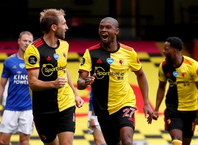 Watford's Craig Dawson (left) celebrates scoring his side's first goal of the game.
