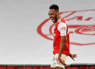 Aubameyang celebrates his and Arsenal's second goal.