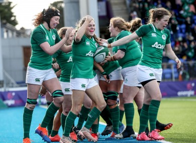 Beibhinn Parsons celebrates her crucial breakaway try in the win over Scotland in February.