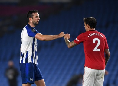 Shane Duffy with Victor Lindelof after Brighton's Premier League game against Manchester United in June.