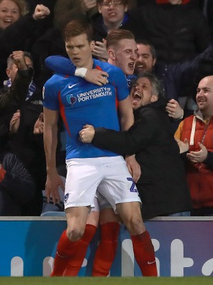 Sean Raggett celebrates with Ronan Curtis after scoring for Portsmouth against Fleetwood Town in March.