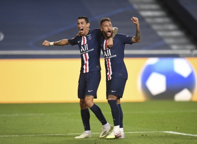 PSG's Angel Di Maria, left, celebrates after scoring his side's second goal with Neymar.