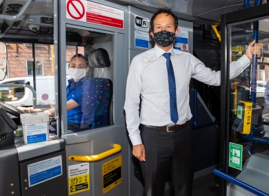 Then-Taoiseach Leo Varadkar with Dublin Bus driver Suzanne Armstrong at the launch of a campaign on 15 June to wear face coverings on public transport.