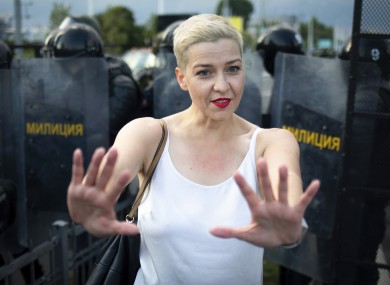 Maria Kolesnikova, one of Belarus' opposition leaders gestures during a rally in Minsk, Belarus on 30 August.