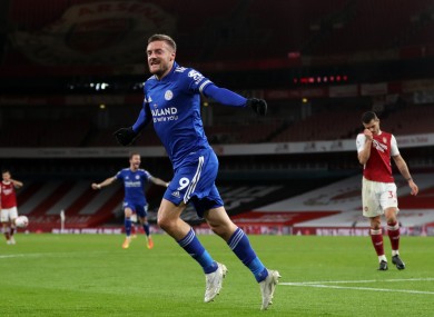 Jamie Vardy wheels away after scoring the winner.