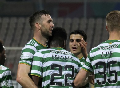 Odsonne Edouard celebrates his winning goal with Shane Duffy and his Celtic team-mates.
