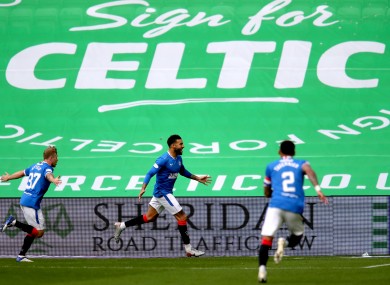 Rangers' Connor Goldson (centre) celebrates at Celtic Park.