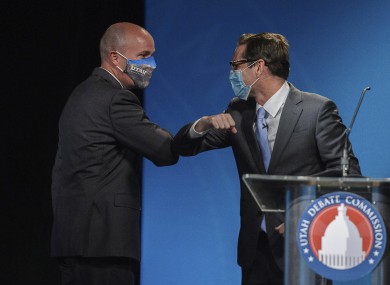 Utah Lt. Gov. Spencer Cox, left, a Republican and Democratic challenger Chris Peterson