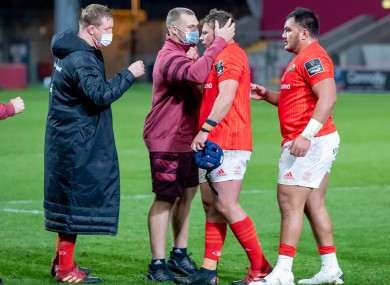 Munster’s Josh Wycherley is congratulated by Keith Earls after earning his first senior provincial cap on Monday.