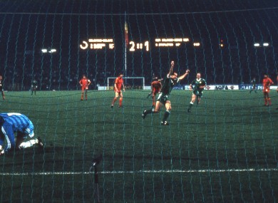Ireland’s Liam Brady celebrates scoring his side's second goal against Belgium in 1986.