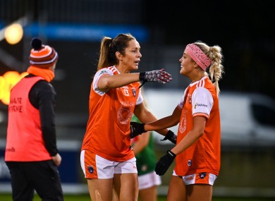Armagh duo Caroline O'Hanlon and Niamh Coleman embrace following their sides victory over Mayo.