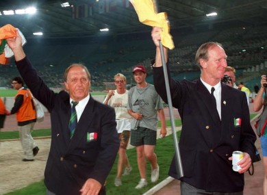 Maurice Setters (left) and Jack Charlton pictured after Ireland's quarter-final loss to Italy at the 1990 World Cup.