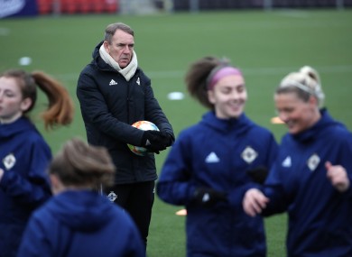 Kenny Shiels and his Northern Ireland side in training.