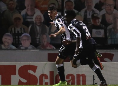 Jamie McGrath celebrates with St Mirren team-mate Brandon Mason after scoring his second goal against Rangers.