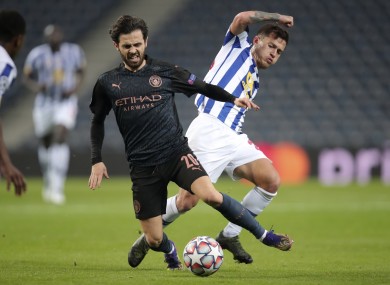 Manchester City's Bernardo Silva tangling with Otavio of Porto during Tuesday's fixture in the Champions League.