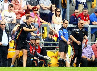 Steven Poacher (left) on the Carlow sideline in 2017.