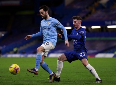 Man City's Bernardo Silva and Chelseas Billy Gilmour during the recent Premier League match at Stamford Bridge.