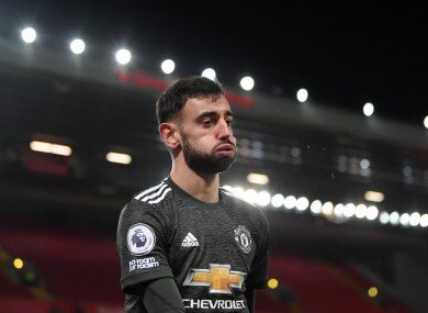Manchester United's Bruno Fernandes reacts to a missed chance at Anfield.