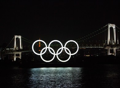 A photo of the Olympic Rings in Odaiba Marine Park, Tokyo.