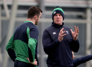 Paul O'Connell speaking with James Ryan during a training session in Abbotstown in February.