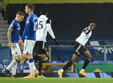 Josh Maja celebrates after opening the scoring at Goodison Park.