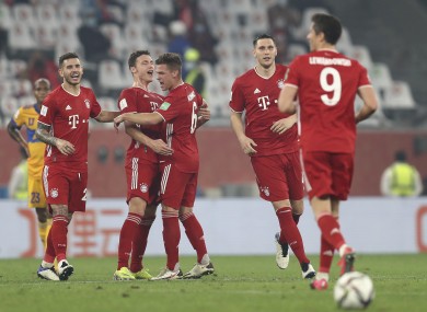 Bayern Munich players celebrate Pavard's goal.
