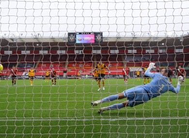 Ruben Neves scores from the penalty spot against Southampton.