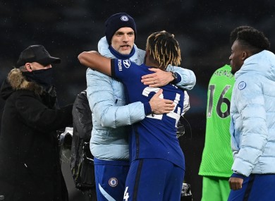 Chelsea manager Thomas Tuchel celebrates with Reece James.