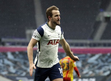 Tottenham Hotspur's Harry Kane celebrates scoring against West Brom.