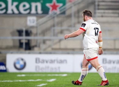 Ulster's Andrew Warwick leaves the field due to a red card.