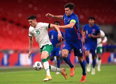 Callum O'Dowda under pressure from Harry Maguire during Ireland's friendly against England at Wembley last November.