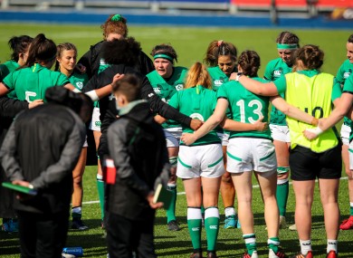 Ireland captain Ciara Griffin speaks to her team after the game.