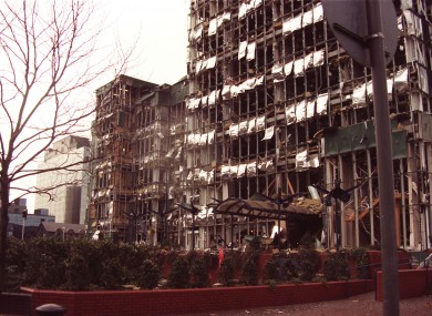 Office buildings in London's Docklands which were devastated in a bomb blast