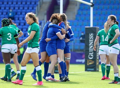 Emilie Boulard of France celebrates a try against Ireland.