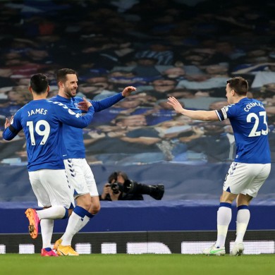 Sigurdsson and Coleman celebrate Everton's second goal.