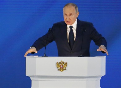 Russian President Vladimir Putin gives his annual state of the nation address in Manezh, Moscow, Russia