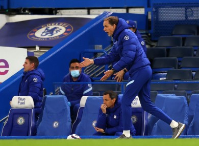 Chelsea manager Thomas Tuchel gestures on the touchline.