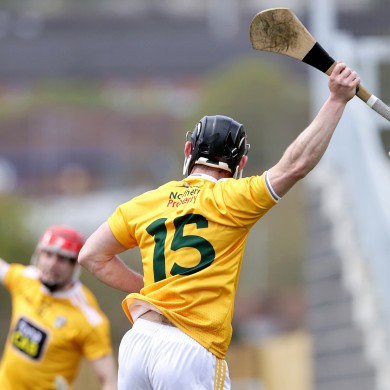 Ciaran Clarke celebrates after scoring a goal for Antrim.