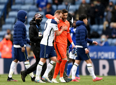 Tottenham Hotspur's Harry Kane (left) and goalkeeper Hugo Lloris after the Premier League match.