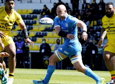 Rhys Ruddock offloads the ball during Leinster's defeat to La Rochelle in Saturday's Champions Cup semi-final.