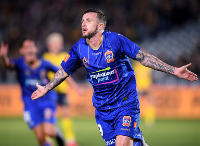 Roy O'Donovan celebrates after scoring for Newcastle Jets against Central Coast Mariners earlier this month.